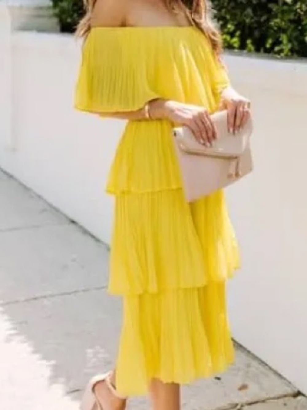 Yellow Off-Shoulder Tiered Pleated Midi Dress